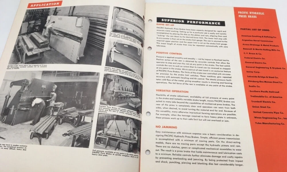 Promotional brochure dated 1948 (?) demonstrated the technical data and details of Pacific press brakes