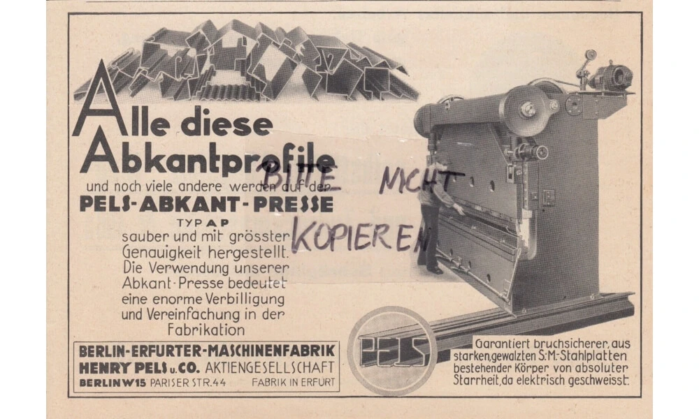 Erfurt German fabric advertisement of vintage press brake for bending of sheet metal and profiles