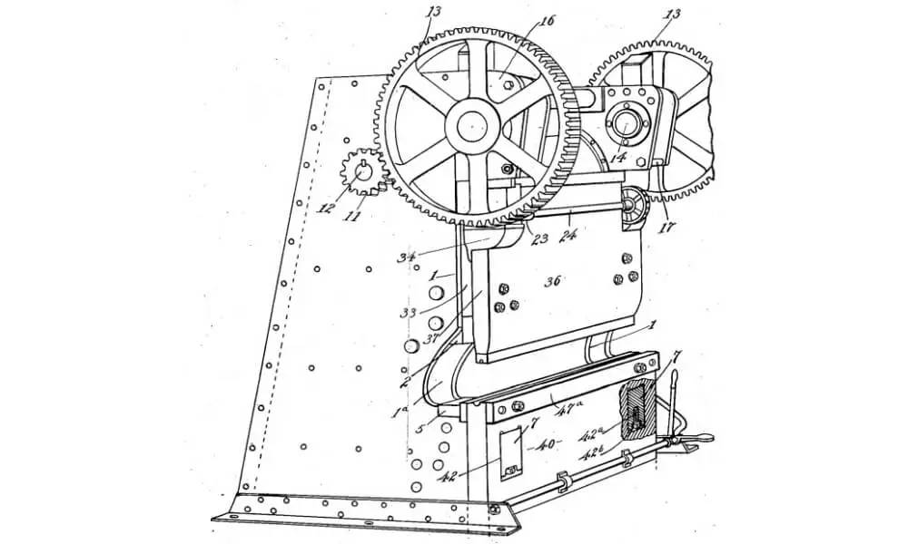 Mechanical press brake. Illustration from patent US1618825A by Mr. Robert T Hazelton