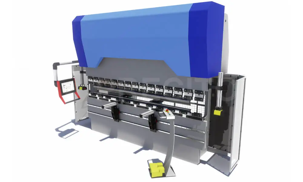 Model of typical CNC press brake with frontal supports and safety system